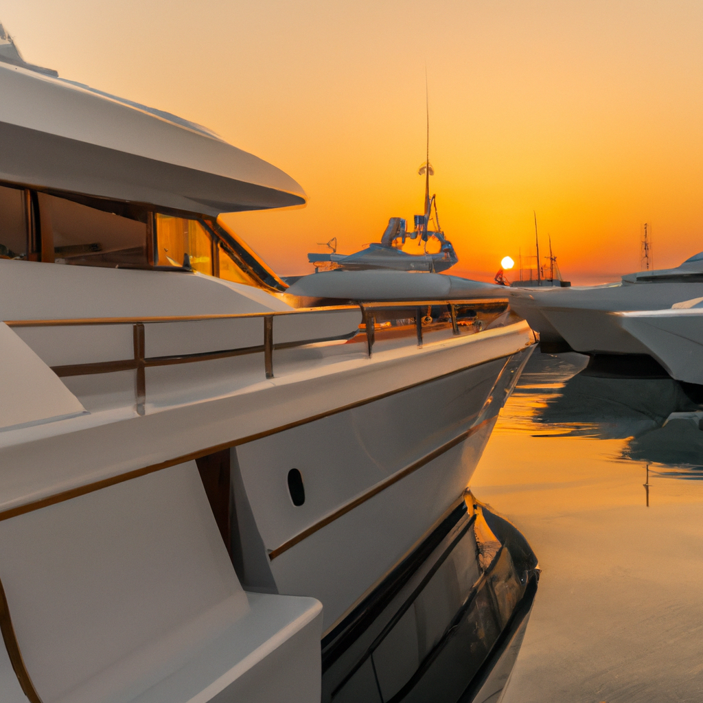 Yacht di lusso all'alba con riflessi dorati in porto, dettaglio ultra realistico