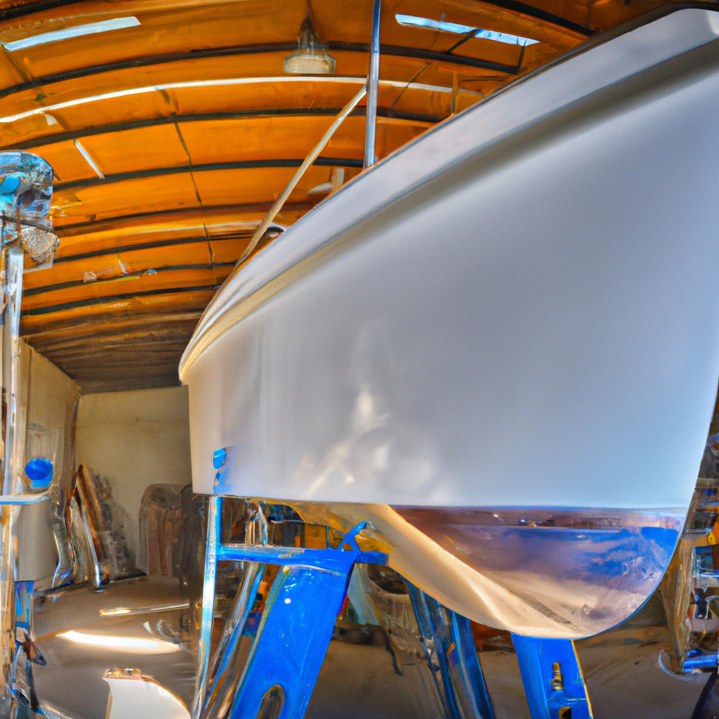 Cantiere nautico con yacht in refit, strumenti di precisione e luce naturale.